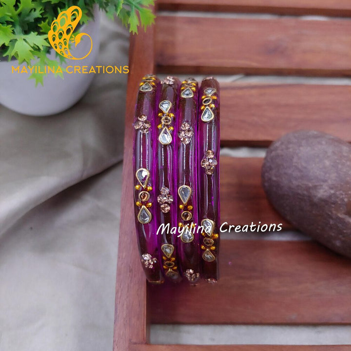 Purple Glass Kada Bangles - Nidhi (Set of 4 Bangles)