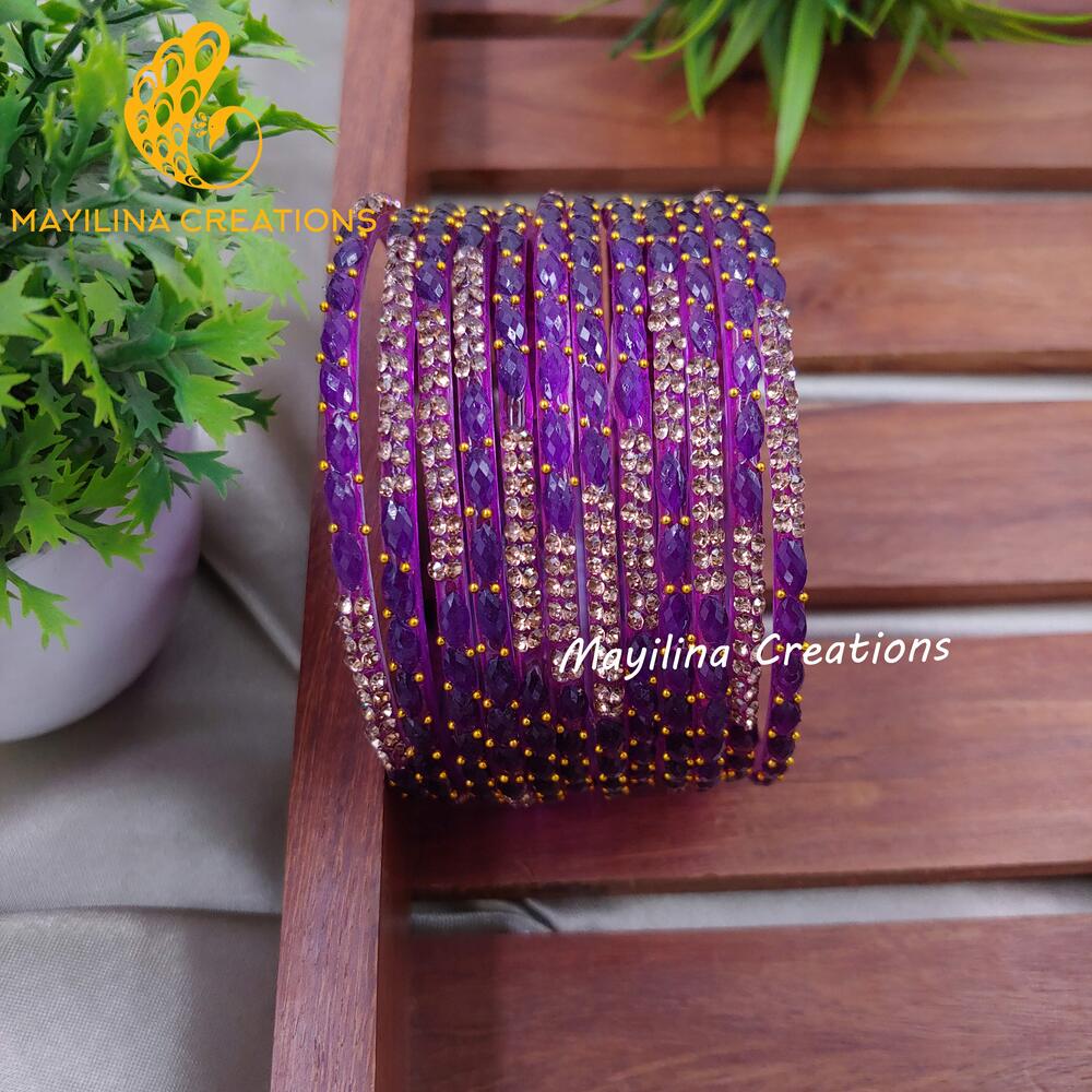 Purple Glittering Raindrop Glass Bangles