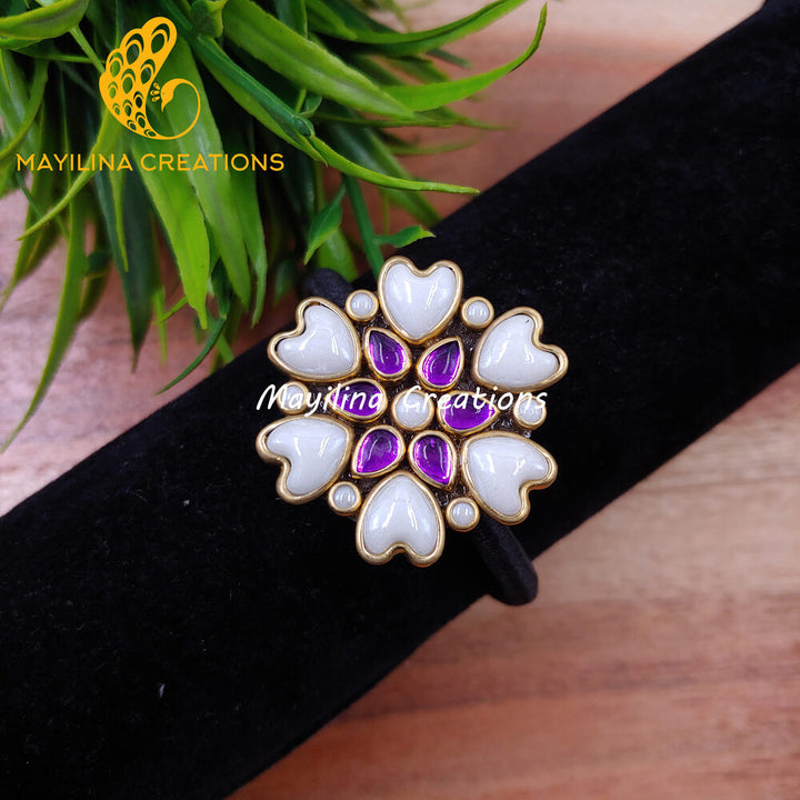 Purple Heart Flower Kundan Hair Bands (Pearl White) (Medium Size)