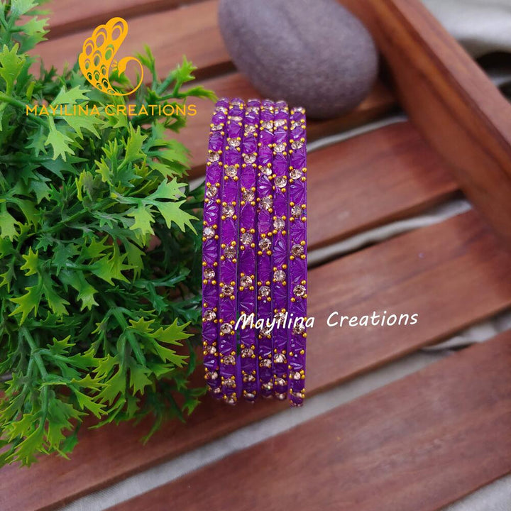 Purple Lotus Design Glass Bangles (Set of 6 bangles)