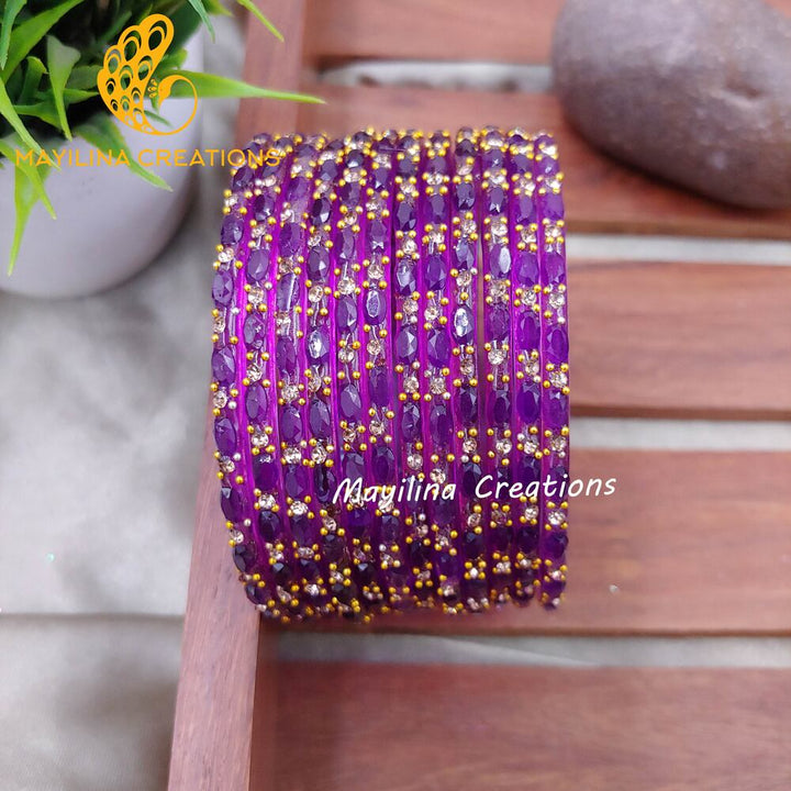 Purple Twinkle Designer Glass Bangles - Set of 12 Bangles