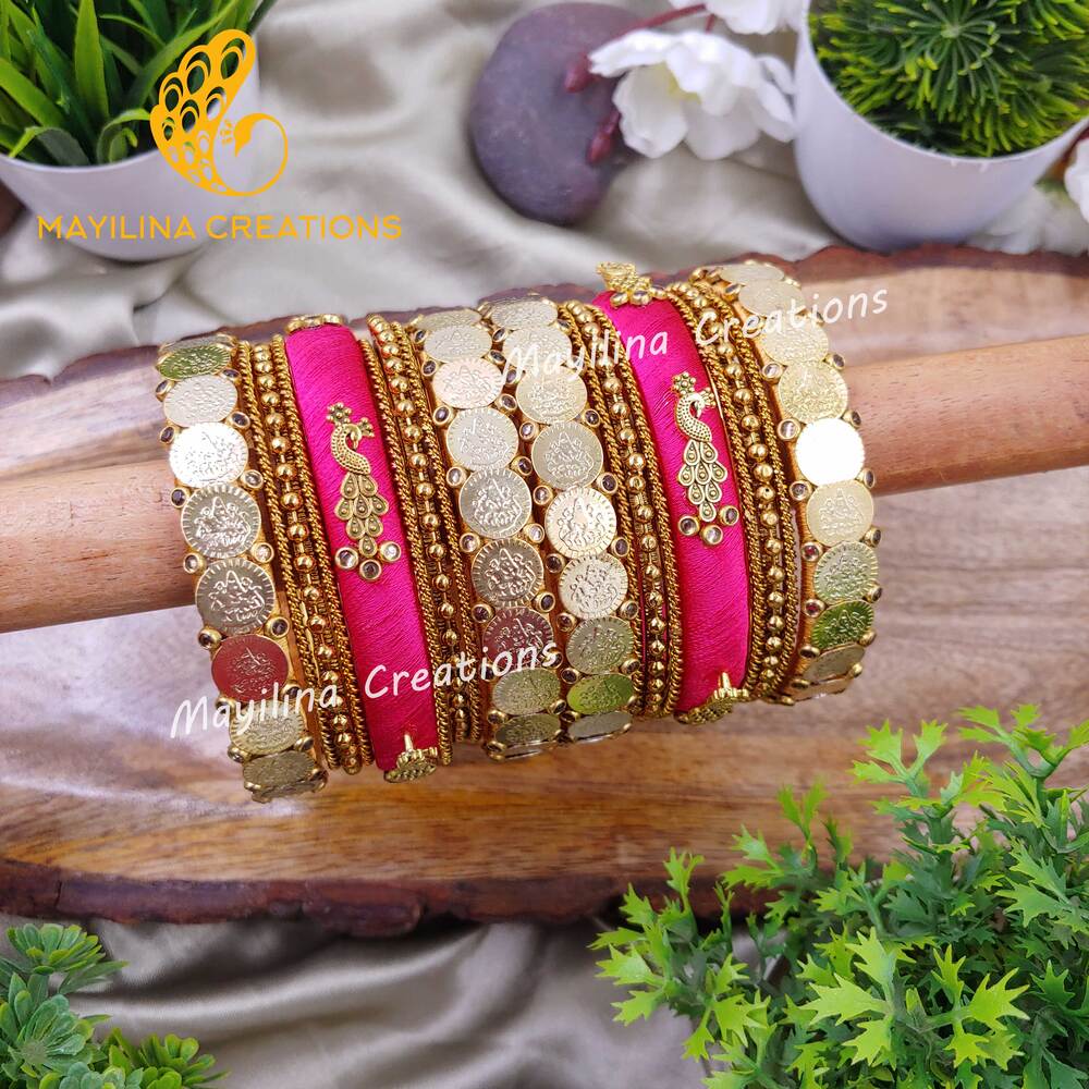 Raaga - Dark Pink Peacock Charm Silk Thread Bridal Bangles – Perfect Wedding Jewelry