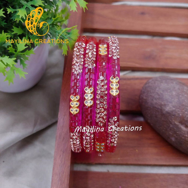 Rani Pink Glass Kada Bangles - Moni (Set of 4 Bangles)