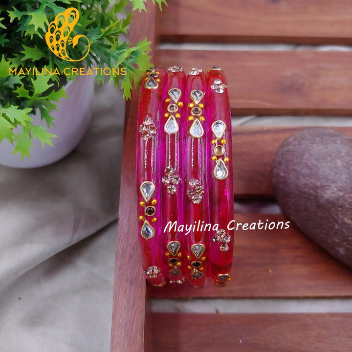 Rani Pink Glass Kada Bangles - Nidhi (Set of 4 Bangles)