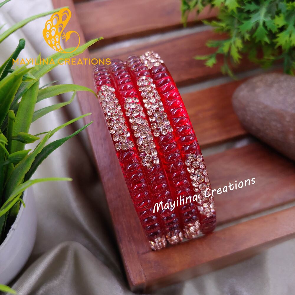 Red Glass Kada Bangles - Haruni (Set of 4 Bangles)