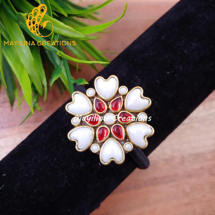Red Heart Flower Kundan Hair Bands (Pearl White) (Medium Size)