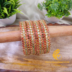Red Leaf Pattern Kundan Kada Silk Thread Bangles Design (Set of 4 Bangles)