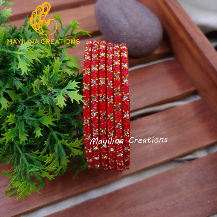 Red Lotus Design Glass Bangles (Set of 6 bangles)