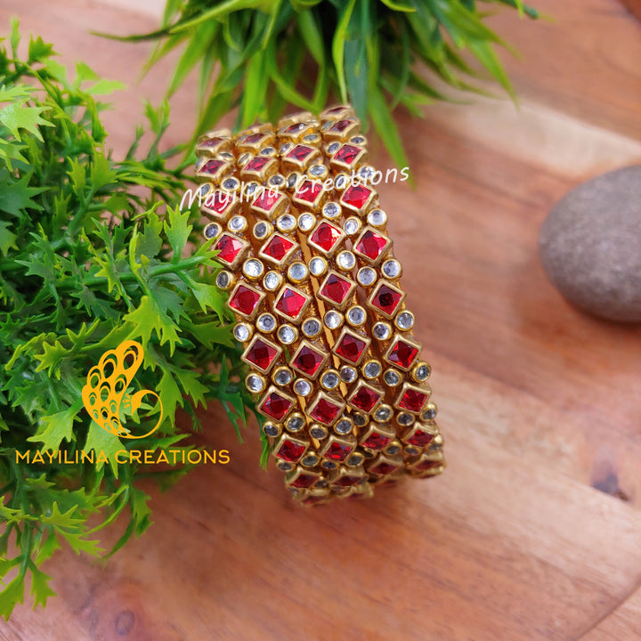 Red Rhombus Pattern Golss with White Stone Kundan Silk Thread Bangles (Set of 4 Bangles)Multicolor