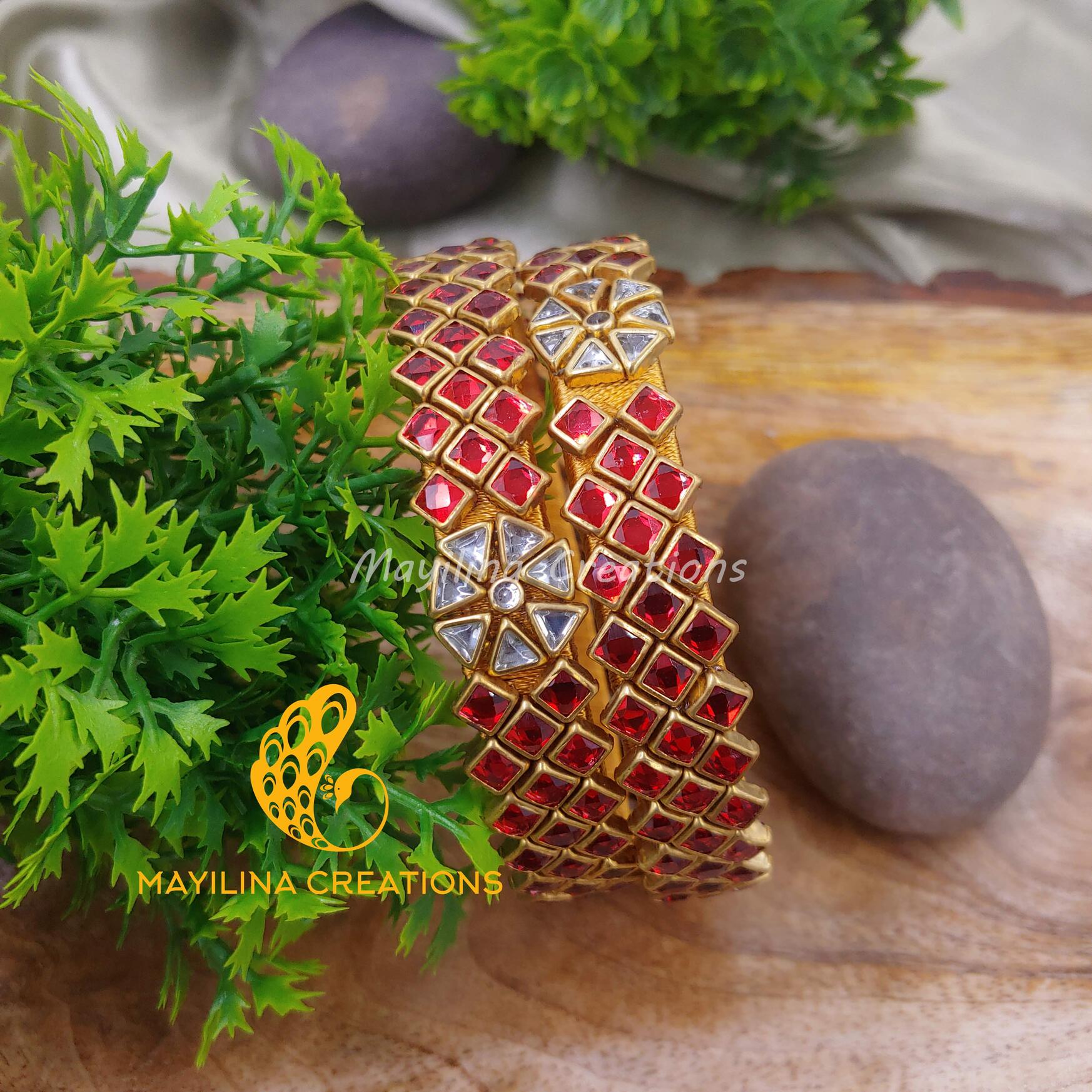 Red Triple Line Kundan Kada Bangles - Silk Thread Bangles (Set of 2 Bangles)