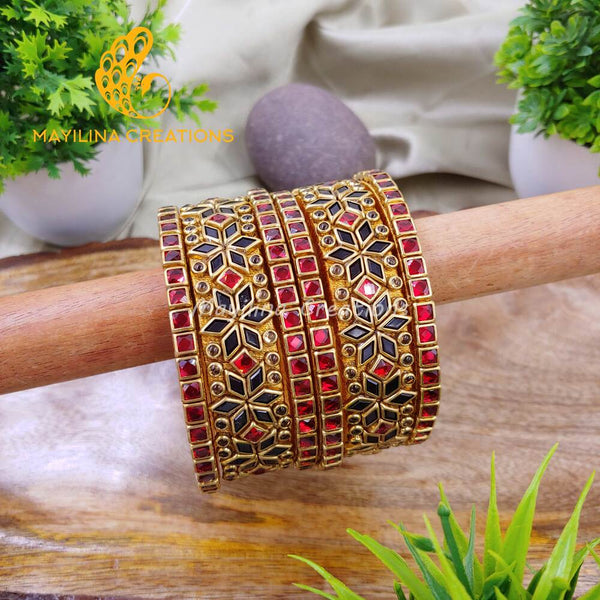 Red and Black Diamond Flower Kada Bangles with Border Kundan Bangles - Silk Thread Bangles (Set of 6 Bangles)