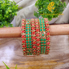 Red and Green Kundan Kada Bangles with Border Rhombus Pattern - Silk Thread Bangles (Set of 6 Bangles). 