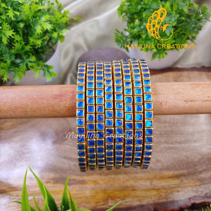Sky Blue Single Line Kundan Bangles - Silk Thread Bangles (Set of 8 Bangles)