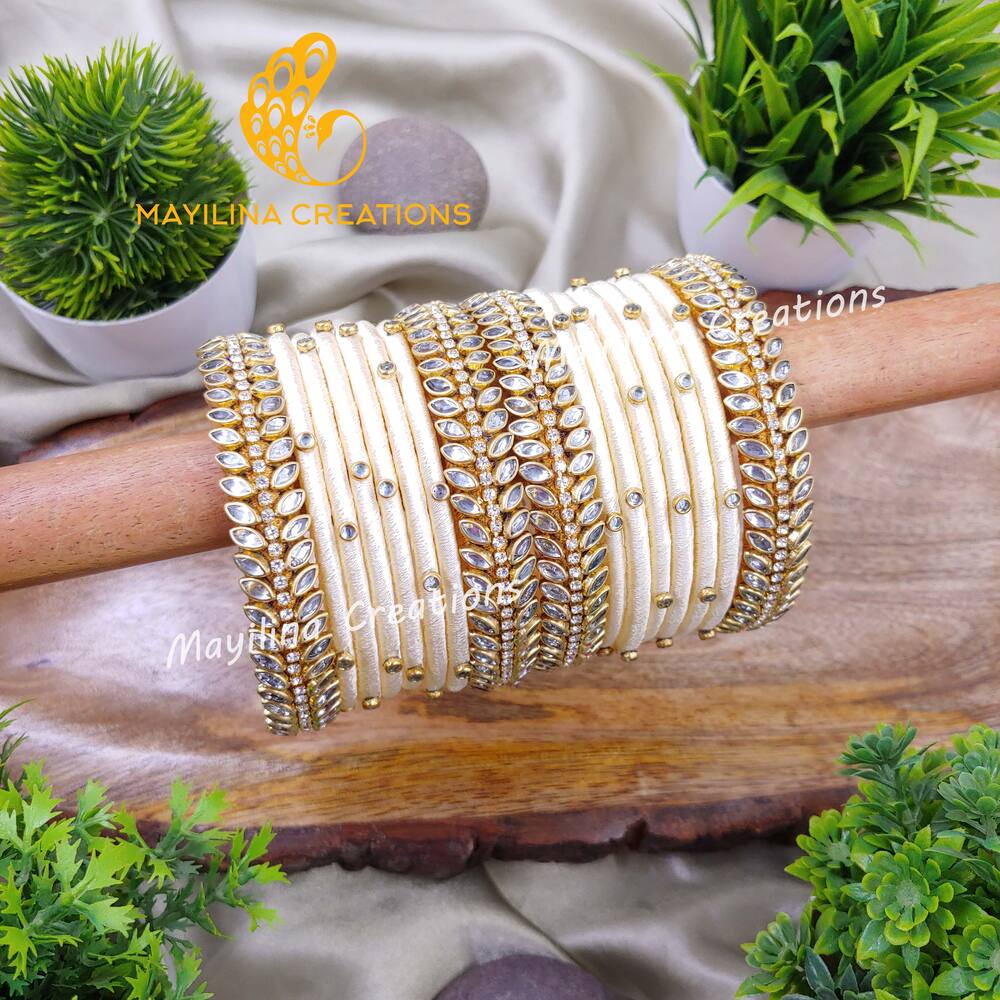 Sravani - Cream Silk Thread Bangles with Border Leaf Bangles for Women