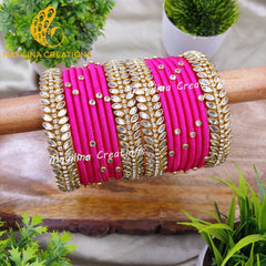 Sravani - Dark Pink Silk Thread Bangles with Border Leaf Bangles for Women