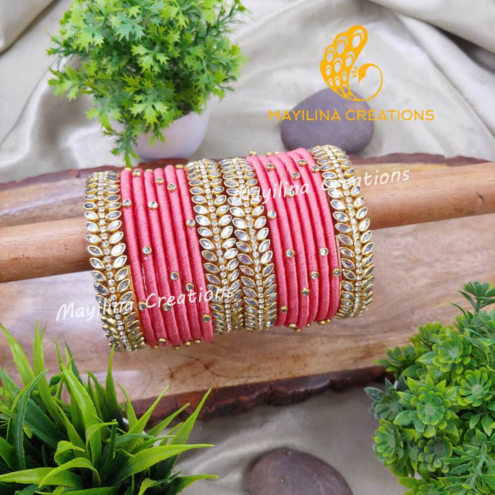 Sravani - Light Pink Silk Thread Bangles with Border Leaf Bangles for Women