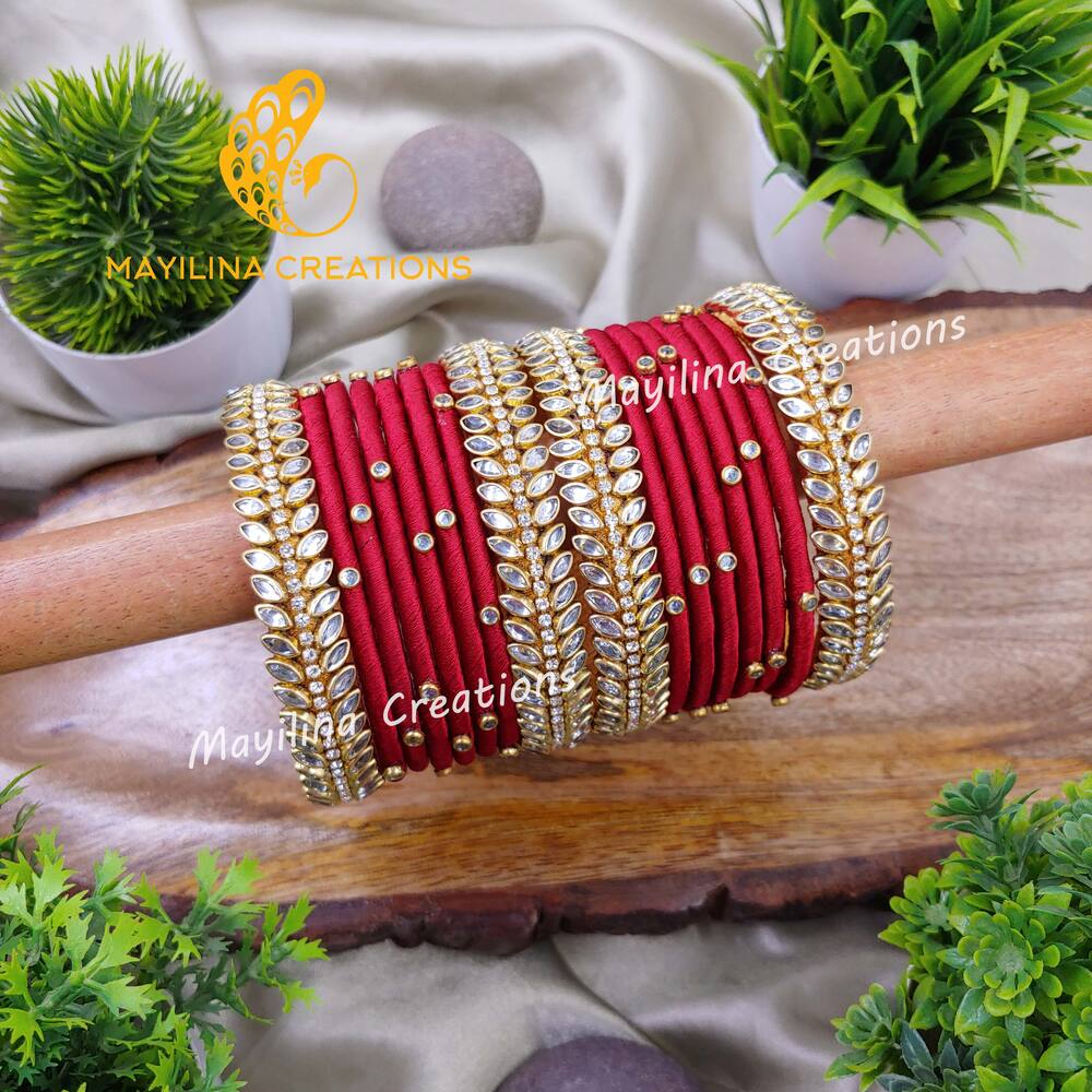 Sravani - Maroon Silk Thread Bangles with Border Leaf Bangles for Women