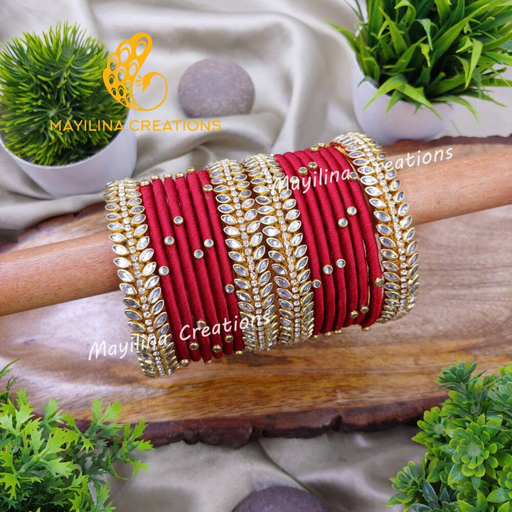 Sravani - Maroon Silk Thread Bangles with Border Leaf Bangles for Women