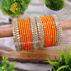 Sravani - Orange Silk Thread Bangles with Border Leaf Bangles for Women