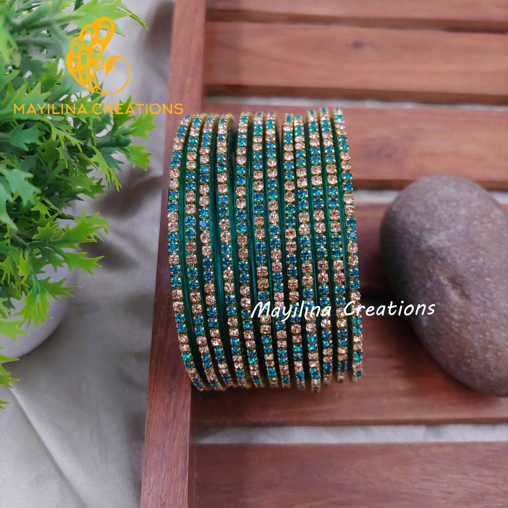 Teal Blue Stone Chain Glass Bangles