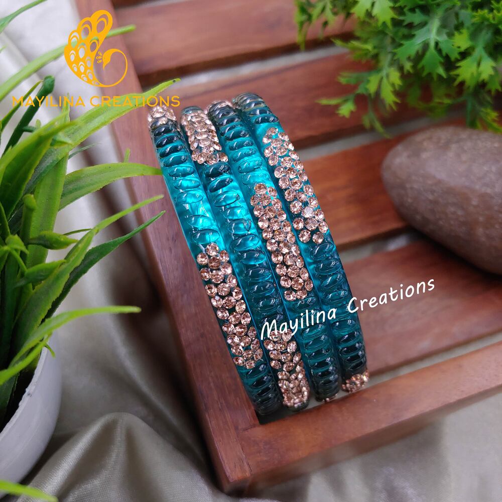 Teal Glass Kada Bangles - Haruni (Set of 4 Bangles)