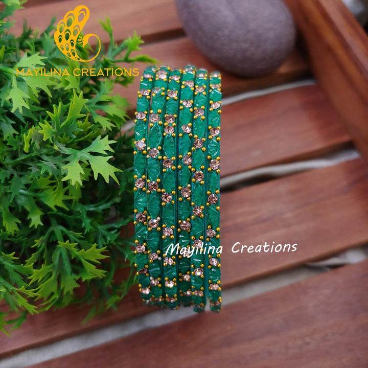 Teal Lotus Design Glass Bangles (Set of 6 bangles)