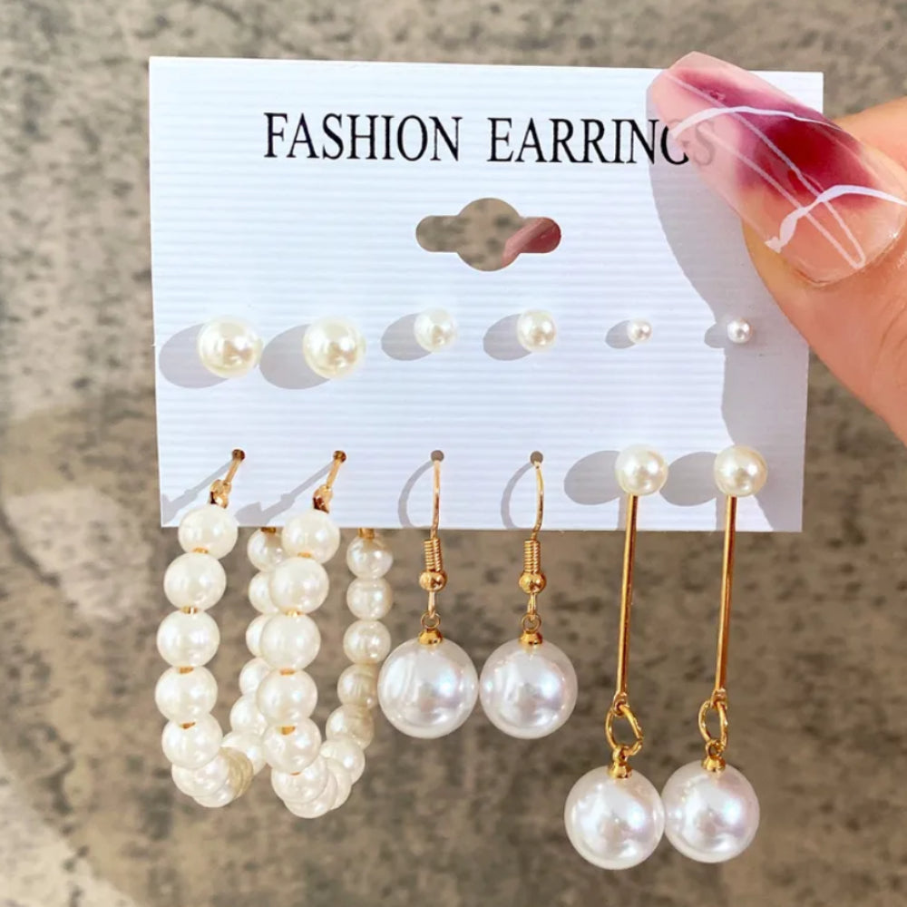 Full Pearl - Pack of 6 Gold Pearl Stud and Hoop Earrings Combo