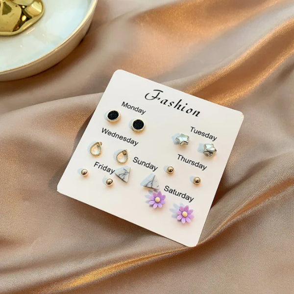 Violet Flower - Pack of 7 Weekly Silver Stud Earrings Combo