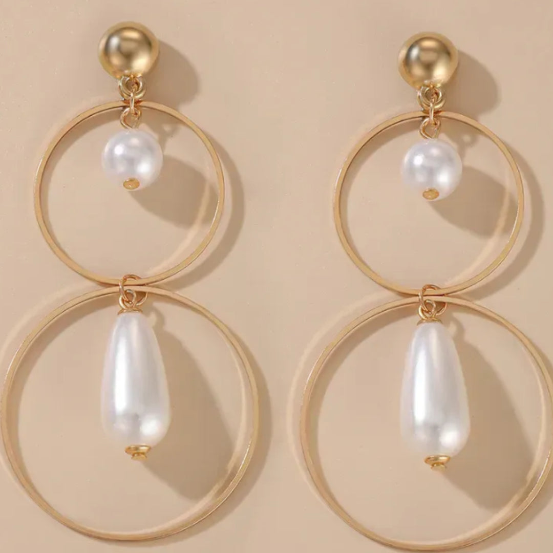 Egence Pearl -  Korean Pearl Two Layer Long Hoop Stud