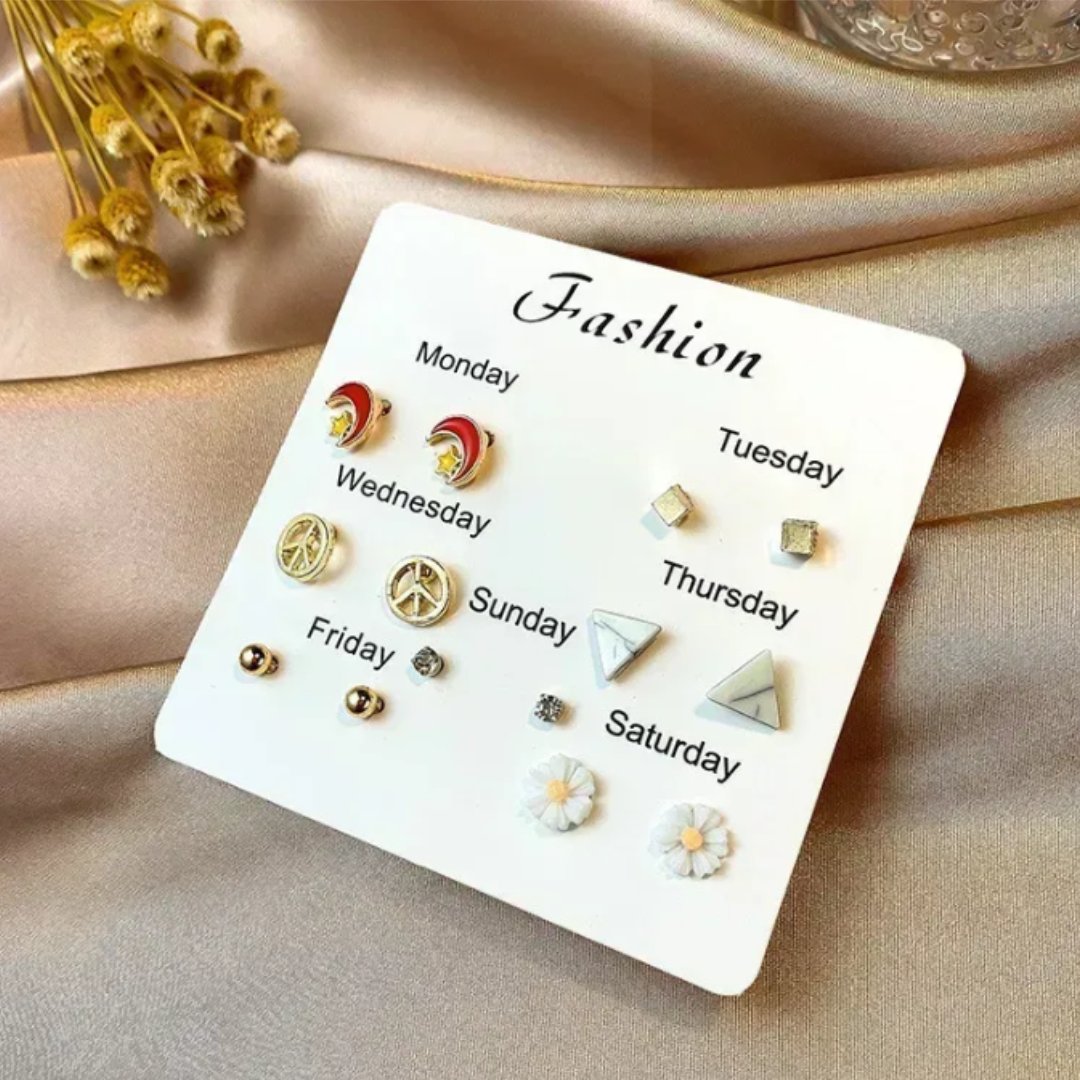 Red Moon - Pack of 7 Weekly Gold Stud Earrings Combo