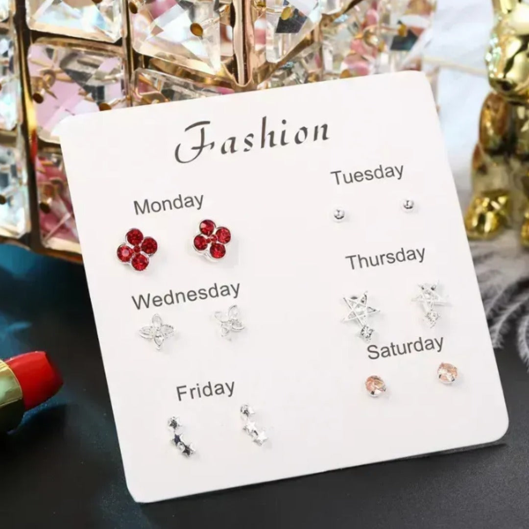 Red Flower - Pack of 6 Weekly Silver Stud Earrings Combo