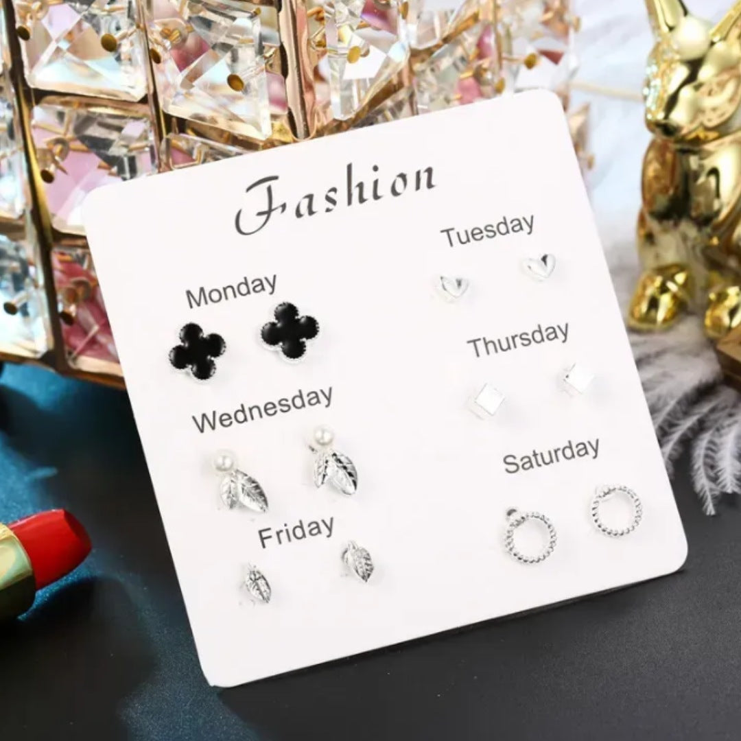 Black Flower - Pack of 6 Weekly Silver Stud Earrings Combo