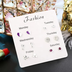 Violet Heart - Pack of 6 Weekly Silver Stud Earrings Combo