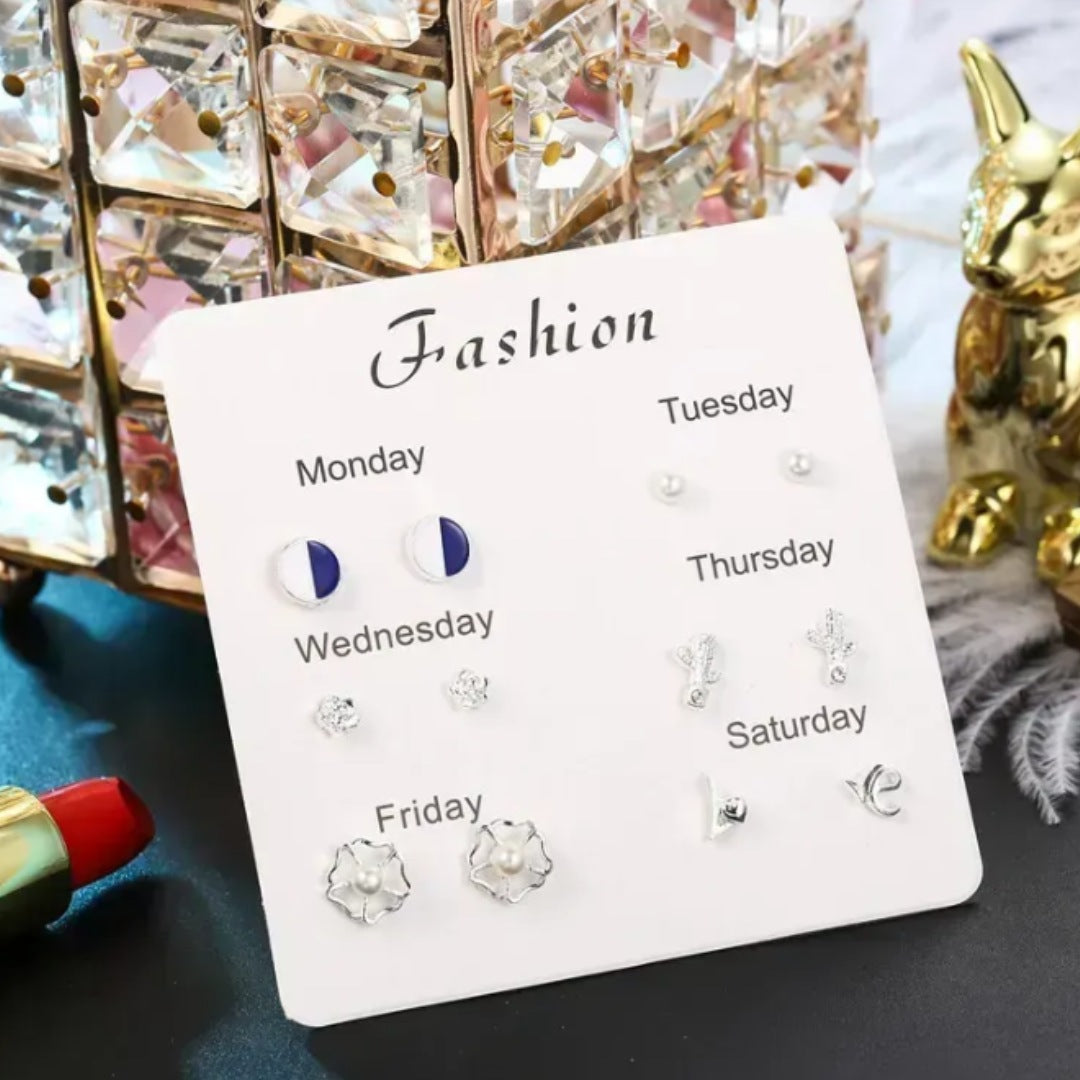 Blue Circle - Pack of 6 Weekly Silver Stud Earrings Combo