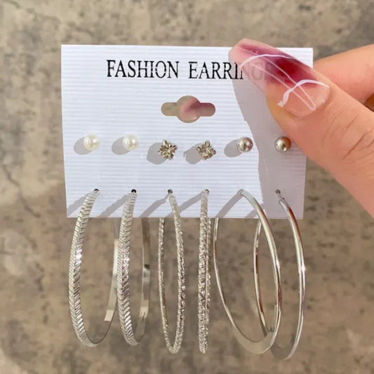 Silver Large Hoop - Pack of 6 Silver Stud and Hoop Earrings Combo