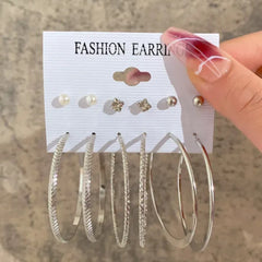 Silver Large Hoop - Pack of 6 Silver Stud and Hoop Earrings Combo