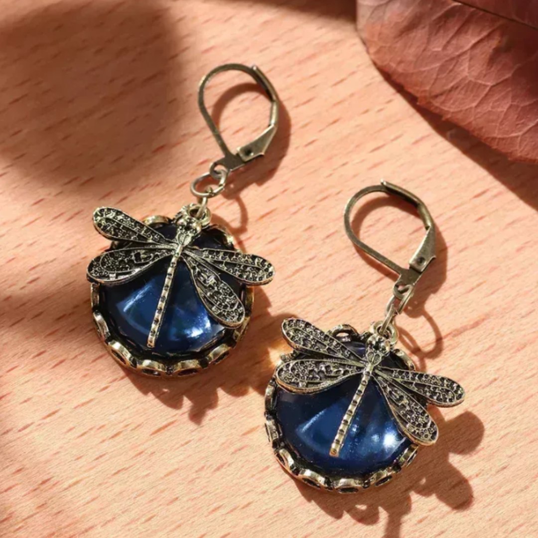 Glider - Bohemian Dragonfly Antique Earrings with Blue Stone