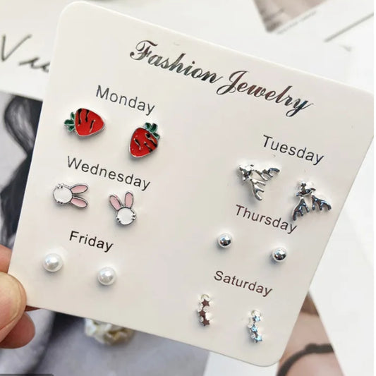 Strawberry - Pack of 6 Weekly Silver Stud Earrings Combo