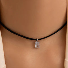 Sassy Diamond - Quirky Stone Inlaid with Black Rope Single Layer Chain