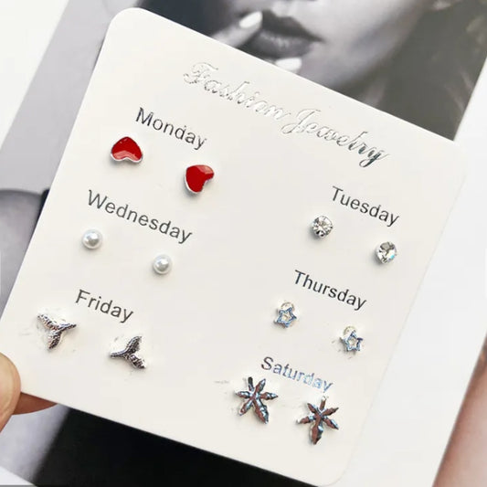 Red Heart - Pack of 6 Weekly Silver Stud Earrings Combo