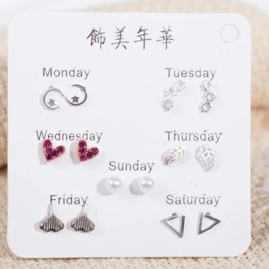 Crescent and Star - Pack of 7 Weekly Silver Stud Earrings Combo