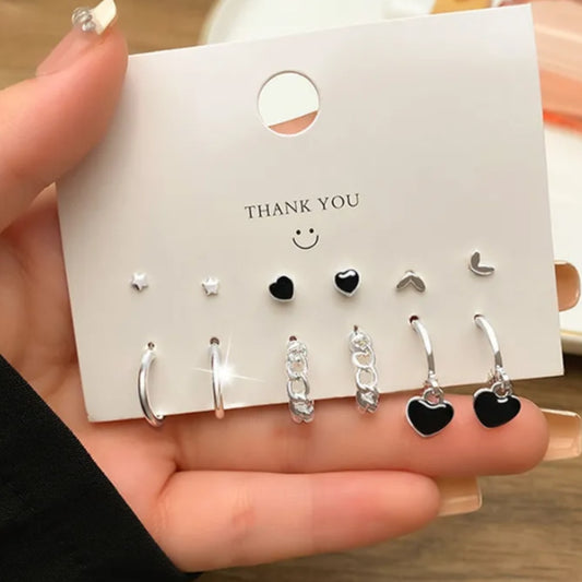 Black Heart - Premium Pack of 6 Silver Stud and Hoop Earrings Combo