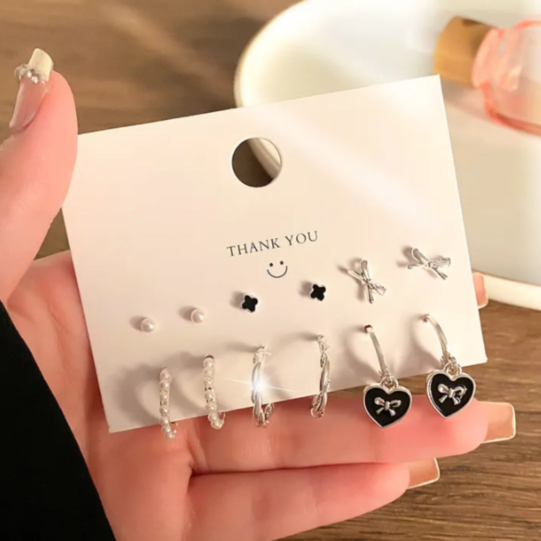 Clover and Heart - Premium Pack of 6 Silver Stud and Hoop Earrings Combo