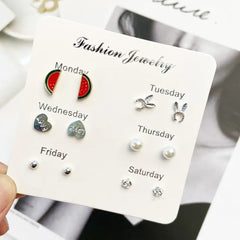 Watermelon - Pack of 6 Weekly Silver Stud Earrings Combo