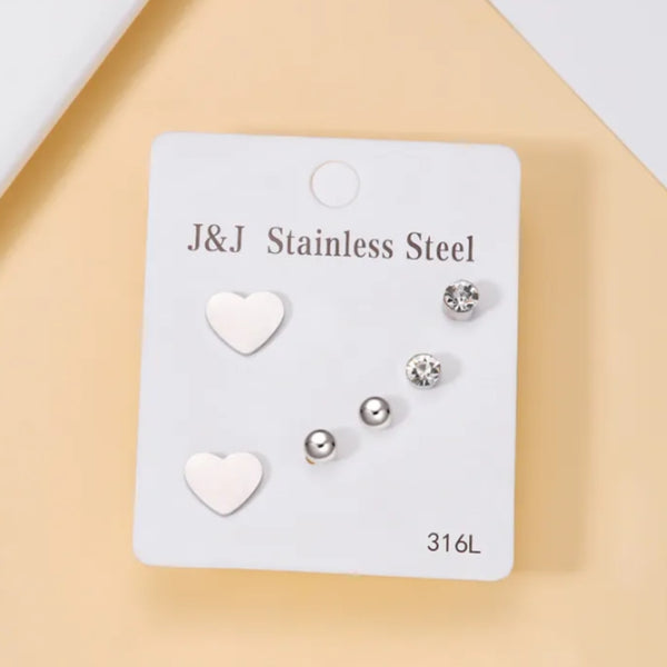 Anti-Tarnish: Silver Heart Stainless Steel Combo Earrings