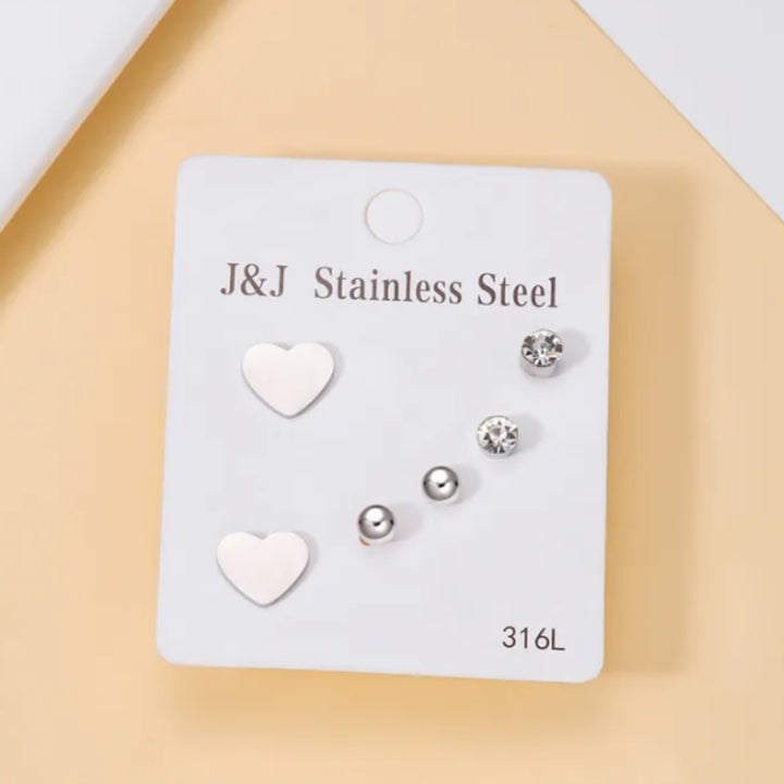 Anti-Tarnish: Silver Heart Stainless Steel Combo Earrings