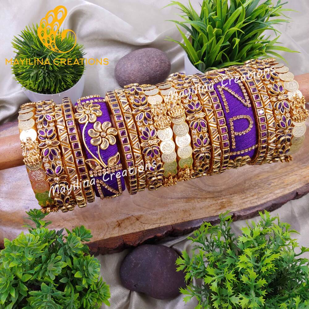 Varnika - Personalized Violet Bridal Silk Thread Bangles with Names – Wedding Accessories