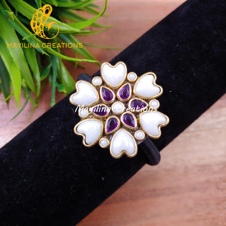 Violet Heart Flower Kundan Hair Bands (Pearl White) (Medium Size)