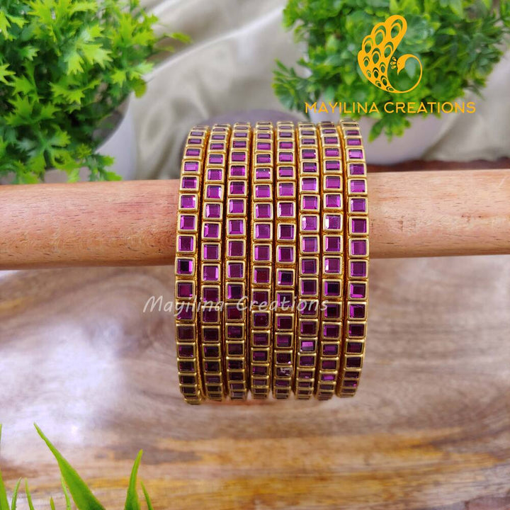 Violet Single Line Kundan Bangles - Silk Thread Bangles (Set of 8 Bangles)