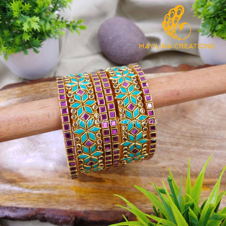 Violet and Teal Diamond Flower Kada Bangles with Border Kundan Bangles - Silk Thread Bangles (Set of 6 Bangles)